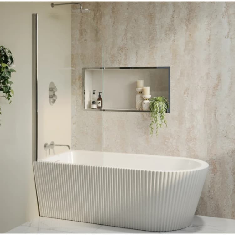 Image of Freestanding Single Ended Right Hand Fluted Corner Bath 1650 x 800mm With Chrome Bath Screen - Amaro BUN/AMAFLRH1650/93605