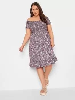 Image of Yours Shirred Bardot Midi Dress Pink Ditsy, Pink, Size 16, Women
