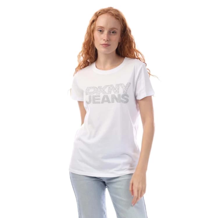 Image of DKNY RHINESTUD Logo T-Shirt White Silver female XS