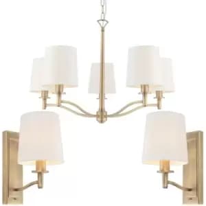 Image of 5 Bulb Ceiling Pendant Lamp & 2x Matching Wall Light Matt Antique Brass & Shade