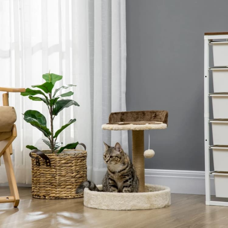 Image of PawHut PawHut 44cm Cat Tree with Jute Cat Scratching Post, Toy Ball Brown 5056725517939