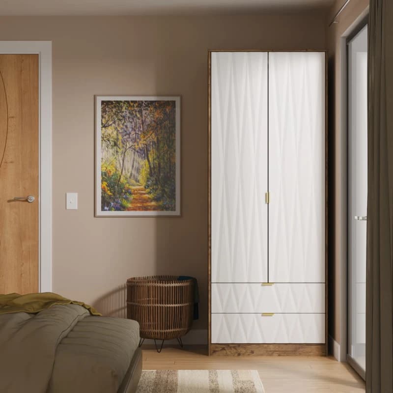 Image of Welcome Furniture Ready Assembled Las Vegas Tall 2 Drawer Wardrobe In White Matt & Vintage Oak LVF081WMVO