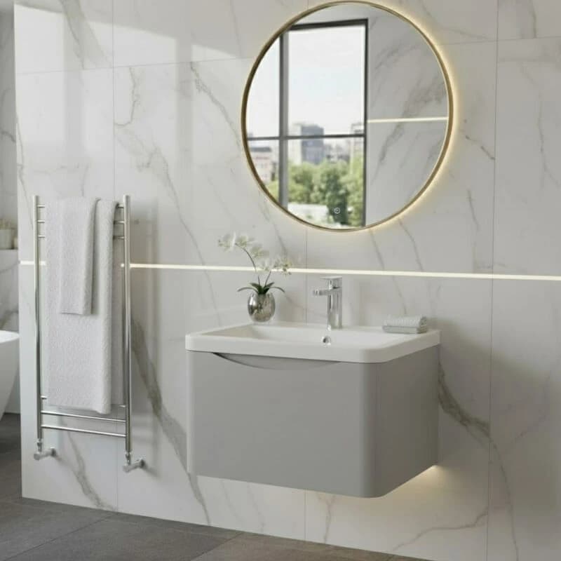 Image of Lunar Wall Mounted 1 Drawer Vanity Unit with Polymarble Basin Satin Grey