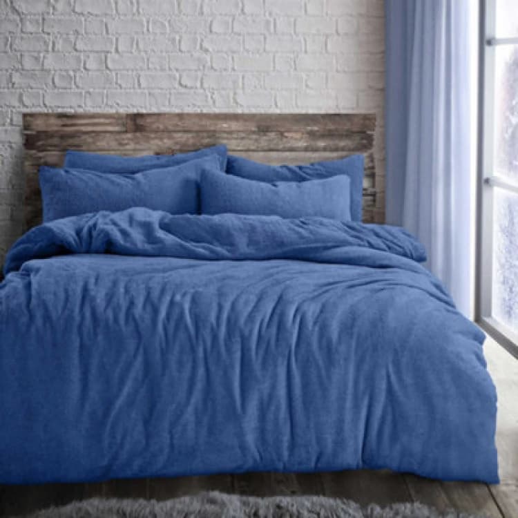 Image of Velosso Plain Teddy Warm And Cosy Duvet Cover And Pillowcase Set - Blue