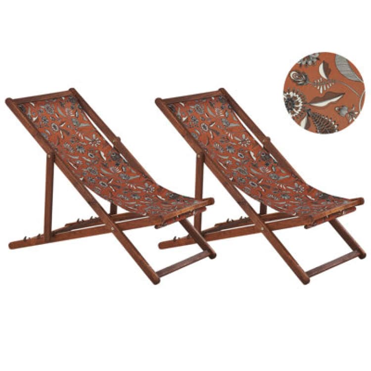 Image of BELIANI Beliani - Set of 2 Folding Deck Chairs Sun Loungers Dark Acacia / Floral Pattern Anzio 311533