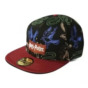 Image of Harry Potter Wizards Unite Logo and Hogwarts Houses Symbols All-Over Print Snapback Baseball Cap- Black/Red