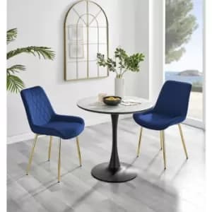 Image of Furniturebox UK - Furniturebox Elina White Marble Effect Modern 80cm Round Dining Table & 2 Navy Pesaro Gold Leg Velvet Chairs