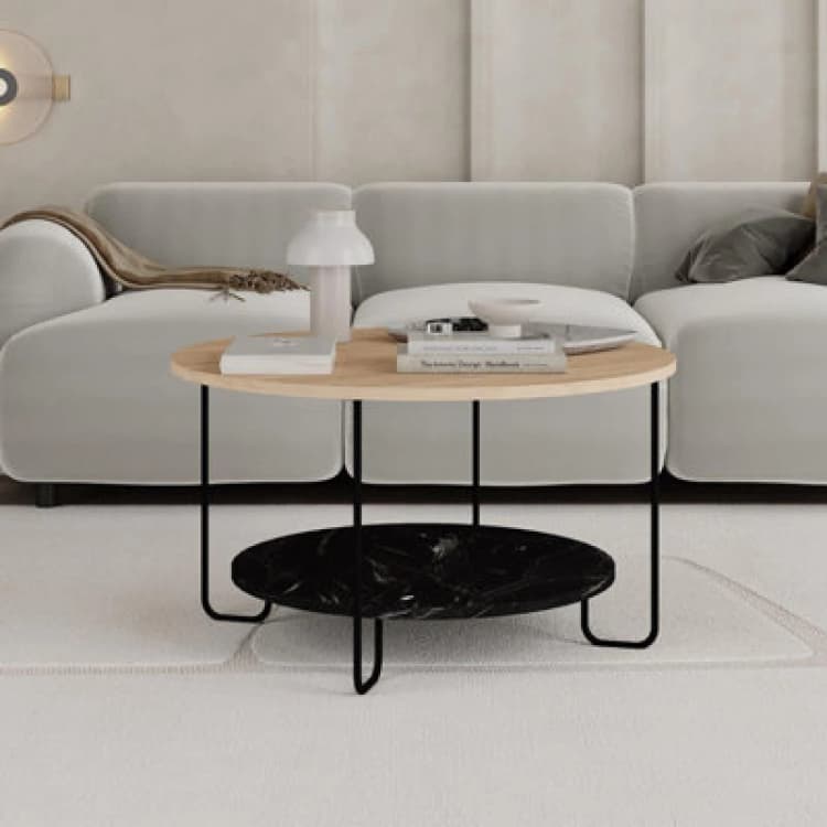 Image of FWStyle Scratch Resistant 2 Tier Coffee Table Oak & Black Marble Metal Frame Brown