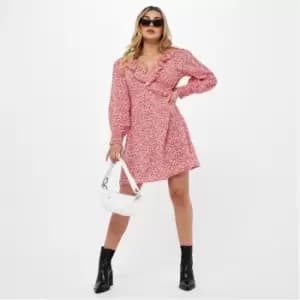 Image of Missguided Floral Print Frill Tea Dress - Red