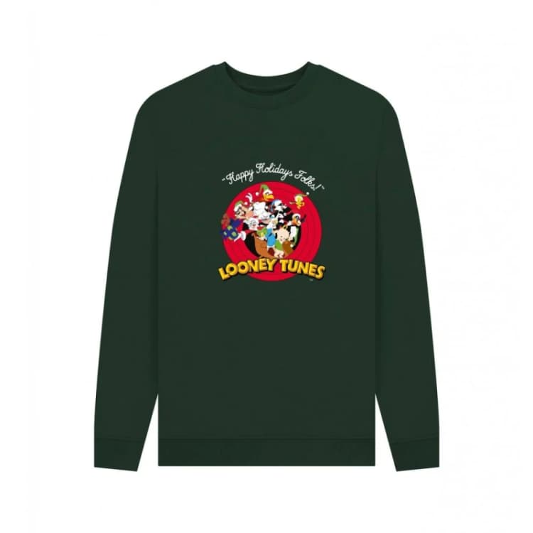 Image of Looney Tunes Mens Christmas Sweatshirt in Bottle Green Size: 2XL Bottle Green Male 2XL