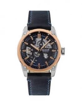 Image of Ingersoll Ingersoll The Carroll Silver And Rose Gold Detail Skeleton Automatic Dial Black Leather Strap Watch