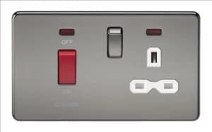 Image of KnightsBridge 2G 45A DP 230V Screwless Black Nickel Electric Switch With Neon and Socket - White Insert