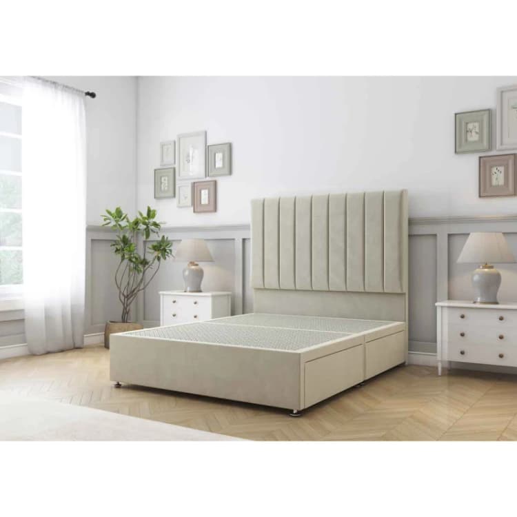 Image of Sloomy Kansas Cream Plush Divan Bed Base No Drawers With 26" Strutted Headboard 4'6 Double