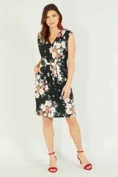 Image of Black Floral Jersey Pocket Dress With Gold Bar Detail