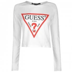 Image of Guess Cropped Logo Long Sleeve T Shirt - White