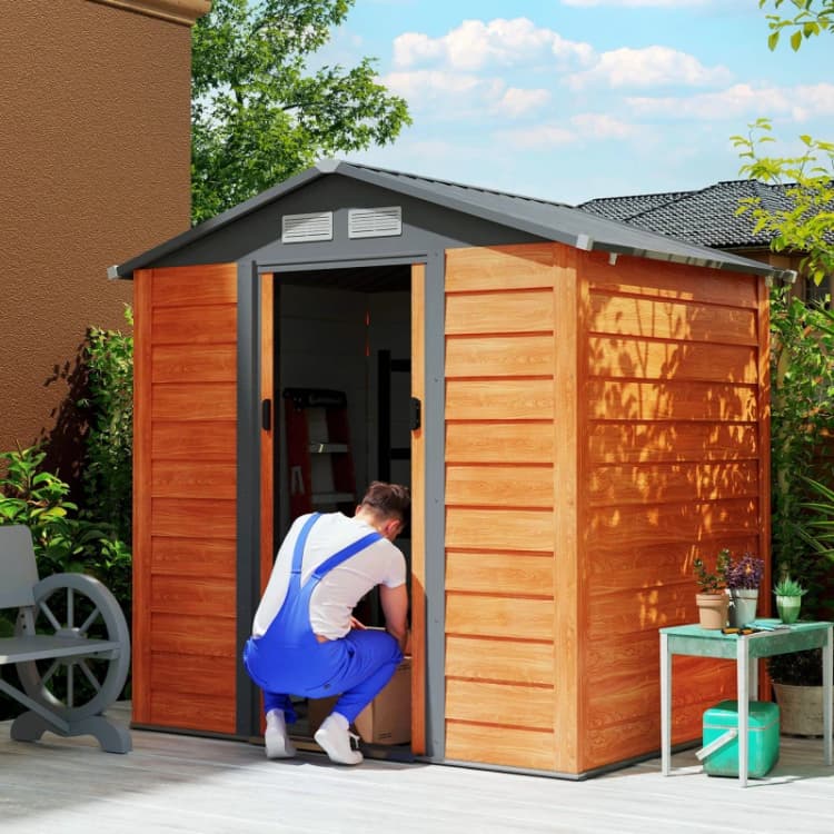 Image of Outsunny 6.5X5.2ft Garden Shed Wood Effect Tool Storage Sliding Door Wood Grain