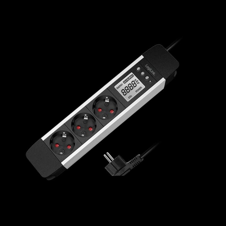 Image of LogiLink Outlet Strip. 3 safety sockets. w/ power meter. aluminum
