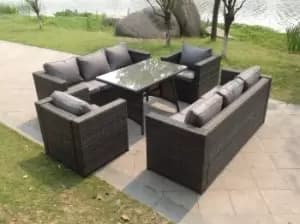 Image of Fimous 8 Seater Outdoor Dark Grey Rattan Lounge Complete Sofa Set with Clear Tempered Glass Table