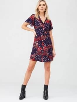 Image of Oasis Floral Ditsy Ruffle Tea Dress - Multi Blue, Multi Blue, Size 12, Women