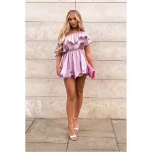 Image of I Saw It First Lilac Premium Textured Extreme Ruffle Bardot Playsuit - Purple