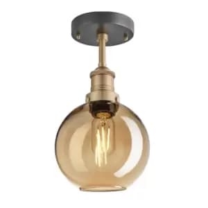 Image of Industville Brooklyn Tinted Glass Globe Amber Flush Mount Light / 7" Pewter Holder