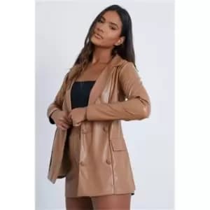 Image of I Saw It First Taupe Double Breasted Faux Leather Blazer - Brown