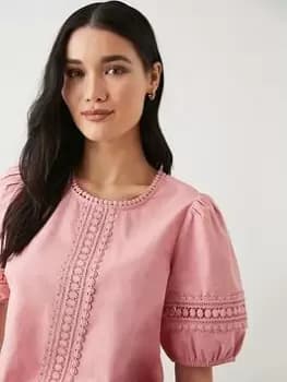 Image of Dorothy Perkins Trim Detail Shirred Hem Blouse - Blush, Pink, Size 10, Women