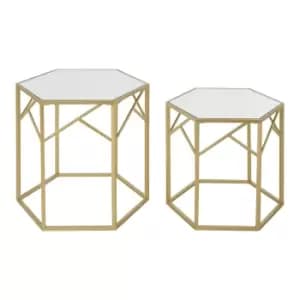 Image of Set of 2 Luxe Hexagonal Side Tables in Gold and Mirrored Glass