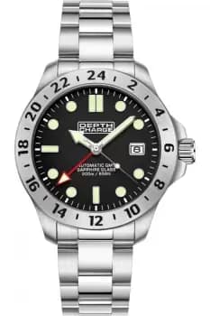 Image of Depth Charge 42mm Stainless Steel Silver Black Dial Utilitarian Watch, Japanese Automatic GMT , Fixed Stainless Steel Bezel, Sapphire Glass, 200m Wate