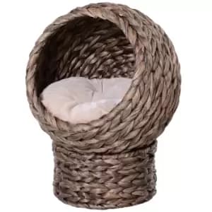 Image of PawHut Wicker Cat Bed, Raised Rattan Cat Basket with Cylindrical Base, Soft Washable Cushion, 42 x 33 x 52cm - Brown