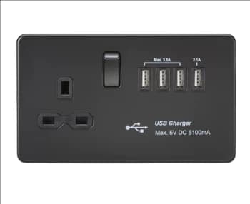 Image of KnightsBridge Screwless 13A switched socket with quad USB charger (5.1A) - Matt Black