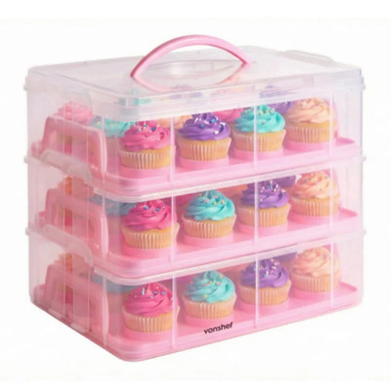 Image of VonShef Three Tier with Handles Muffin Cupcake Carrier Pink