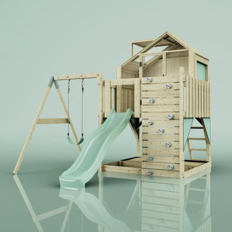 Image of OutdoorToys PolarPlay Kids Climbing Tower & Playhouse for Kids - Swing Brenna Sage in Beige Beige Unisex