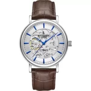 Image of Mens Locksley London 40mm Stainless Steel Dress Watch, Japanese Skeleton Automatic, Blue Index Silver Dial, Mineral Glass, 50m Water Resistance, Leath
