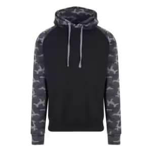 Image of Awdis Just Hoods Adults Unisex Two Tone Hooded Baseball Sweatshirt/Hoodie (L) (Solid Black/ Black Camo)