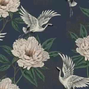 Image of Grandeco Flying Cranes Geo Smooth Navy Wallpaper