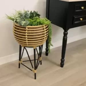 Image of Charles Bentley Casablanca Tripod Plant Stand Large Natural Black Rattan 60x36cm - Natural, Black