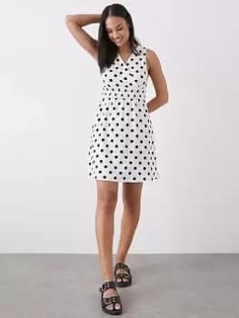 Image of Dorothy Perkins Spot Shirred Waist Wrap Mini Dress - Ivory, Cream, Size 10, Women