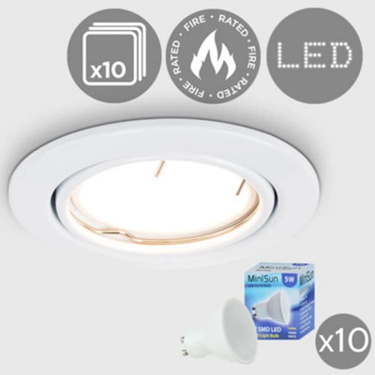 Image of ValueLights Downlight Tiltable Fire Rated Ceiling Light Fitting 10 Pack With Warm White Bulbs White