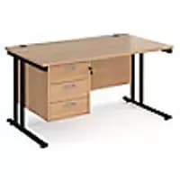 Image of Rectangular Straight Desk Beech Wood Cantilever Legs Black Maestro 25 1400 x 800 x 725mm 3 Drawer Pedestal