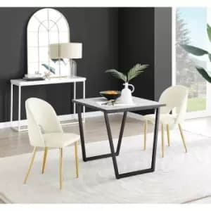 Image of Furniture Box Carson White Marble Effect Square Dining Table and 2 Cream Arlon Gold Leg Chairs