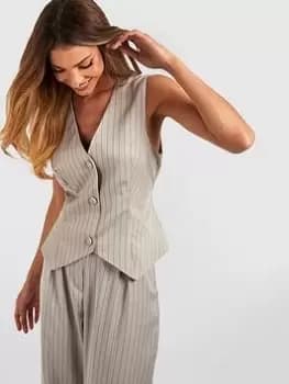 Image of Boohoo Pinstripe Tailored Waistcoat - Taupe, Beige, Size 6, Women