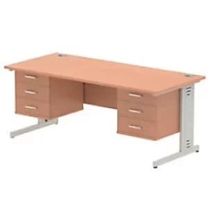 Image of Dynamic Rectangular Office Desk Beech MFC Cable Managed Cantilever Leg Silver Frame Impulse 2 x 3 Drawer Fixed Ped 1800 x 800 x 730mm