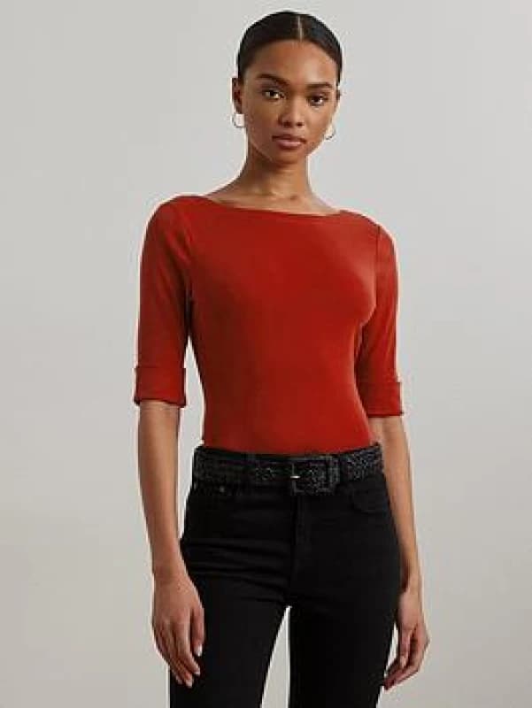 Image of Lauren Ralph Lauren Boat Neck T-Shirt with Short Sleeves Red Women XS