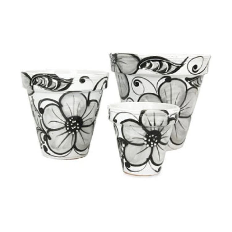 Image of Verano Spanish Ceramics Grey Flowers Hand Painted Set of 3 Outdoor Garden Classic Plant Pots (D) 16-29cm Grey
