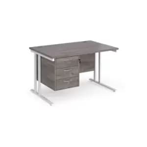 Image of Maestro 25 straight desk 1200mm x 800mm with 3 drawer pedestal - white cantilever leg frame and grey oak top