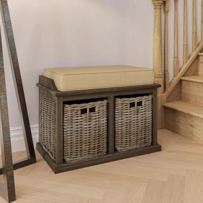Image of FWStyle 2 Drawer Padded Seat Storage Bench Kubu Rattan Ready Assembled Brown