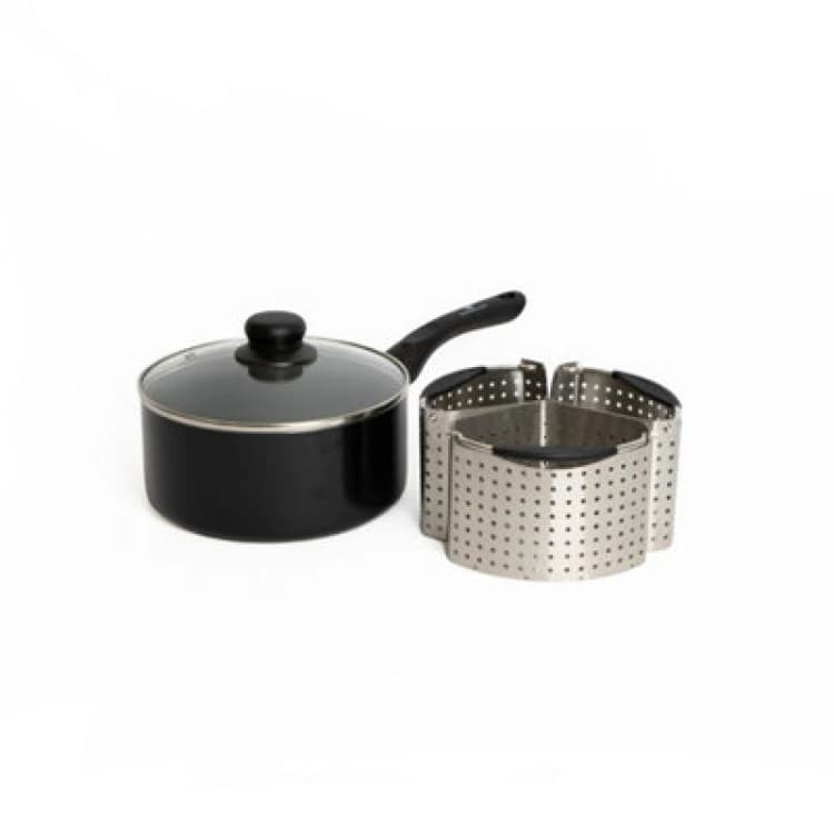Image of Masterclass 6pc Deluxe Cookware Set with 3x Saucepans with Glass Lids, x 1x Saute Pan, 1x Milk Pan and 1x Quilted Single Oven Glove Metallic Silver