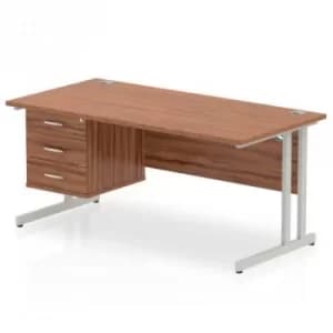 Image of Impulse 1600 Rectangle Silver Cant Leg Desk WALNUT 1 x 3 Drawer Fixed Ped