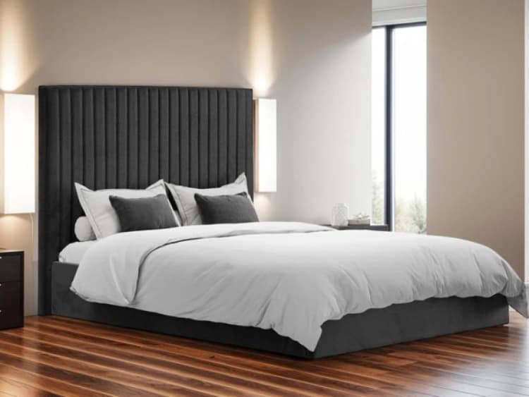 Image of LPD Berlin Tall Black Velvet Fabric Ottoman Bed Frame - 4ft6 Double